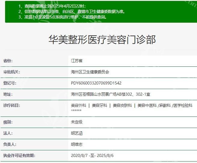 连云港华美整形美容医院能查医生资质吗？可线上查，有执业证，案例真，医生专